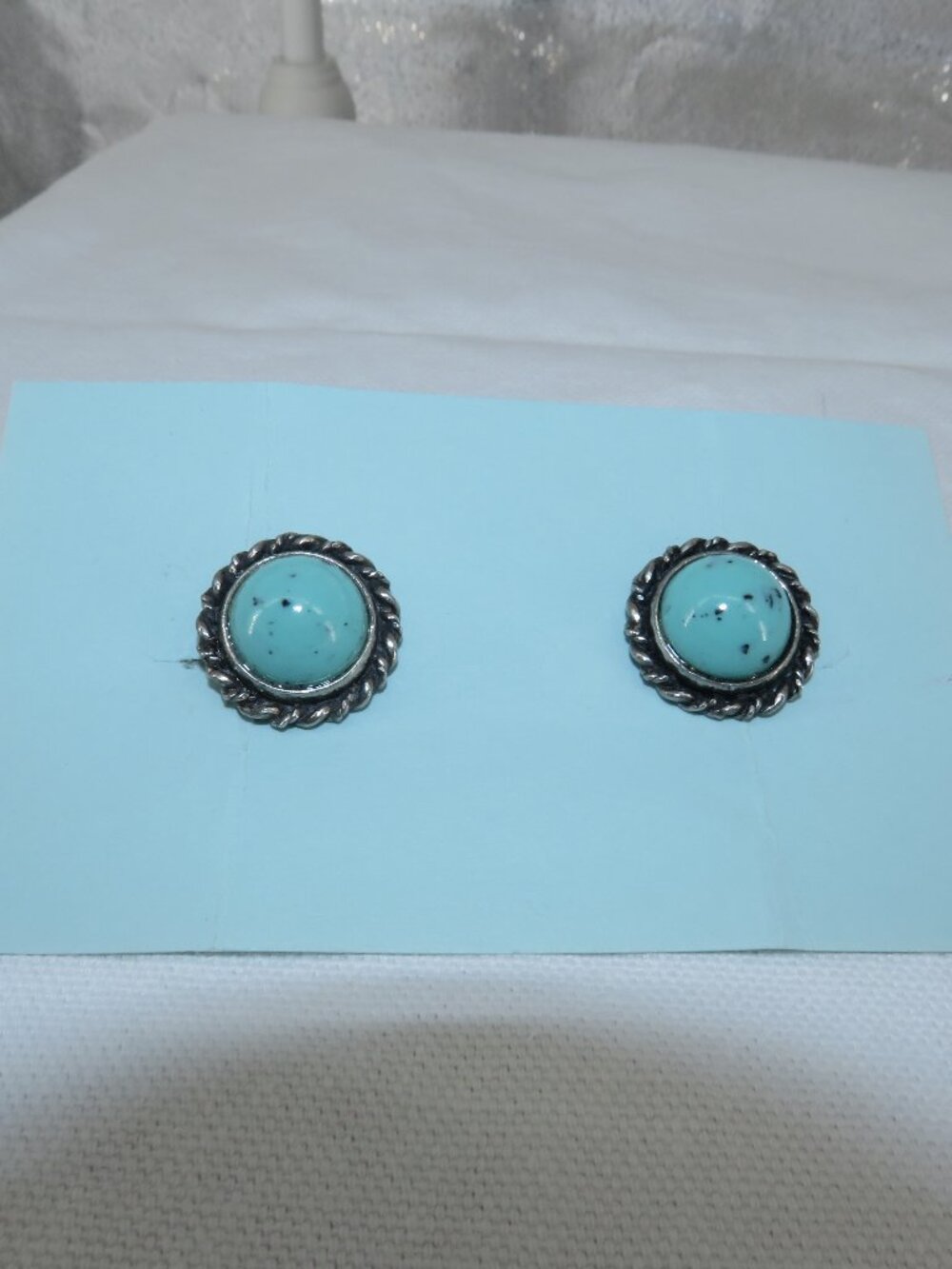 Vintage Turquoise Screw Back Earrings Blue Silver Tone Round Studs One Size 80s